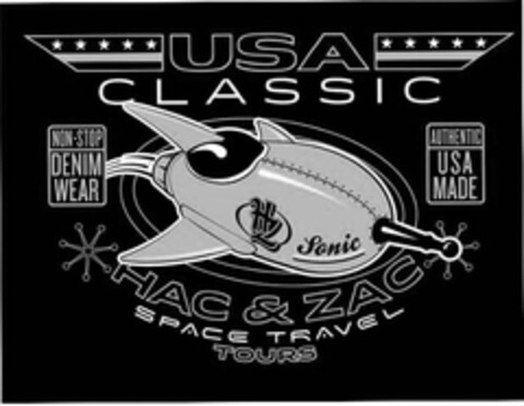 USA CLASSIC NON-STOP DENIM WEAR HZ SONIC AUTHENTIC USA MADE HAC & ZAC SPACE TRAVEL TOURS Logo (USPTO, 10/10/2013)