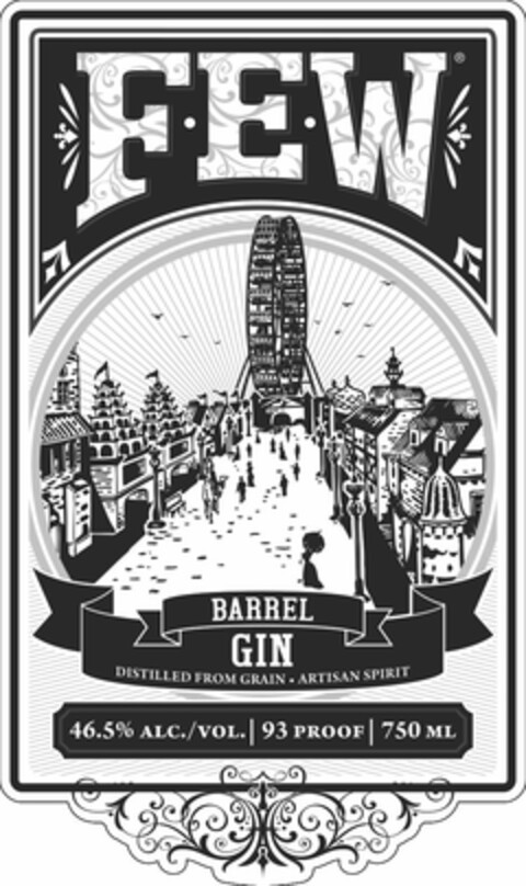 F·E·W BARREL GIN DISTILLED FROM GRAIN ARTISAN SPIRIT 46.5% ALC./VOL. 93 PROOF 750 ML Logo (USPTO, 22.06.2017)