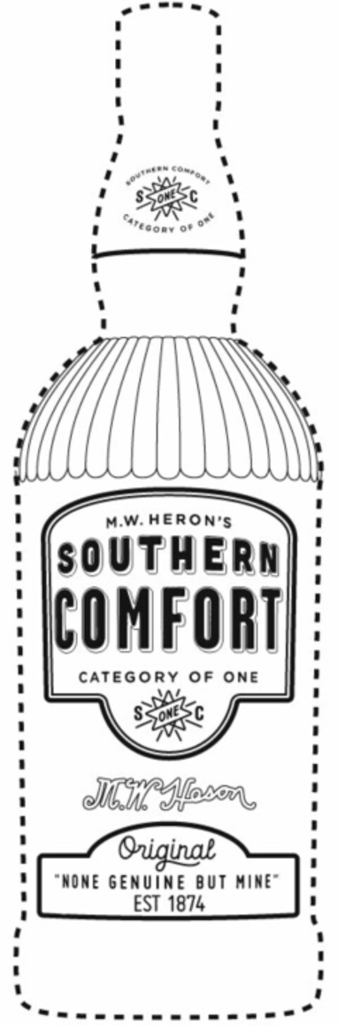 SOUTHERN COMFORT S ONE C CATEGORY OF ONE M.W. HERON'S SOUTHERN COMFORT CATEGORY OF ONE S ONE C M.W. HERON ORIGINAL "NONE GENUINE BUT MINE" EST 1874 Logo (USPTO, 28.10.2014)