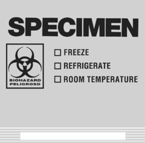 SPECIMEN BIOHAZARD PELIGROSO FREEZE REFRIGERATE ROOM TEMPERATURE Logo (USPTO, 18.11.2014)