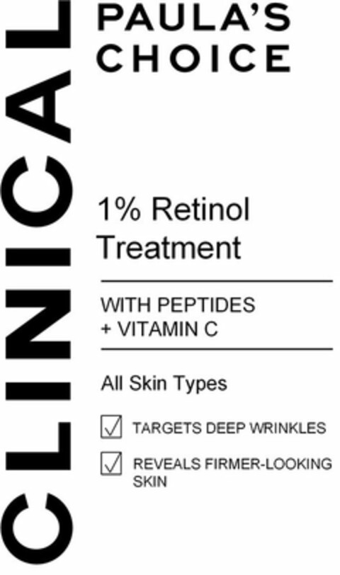 CLINICAL PAULA'S CHOICE 1% RETINOL TREATMENT WITH PEPTIDES + VITAMIN C ALL SKIN TYPES TARGETS DEEP WRINKLES REVEALS FIRMER-LOOKING SKIN Logo (USPTO, 24.01.2020)