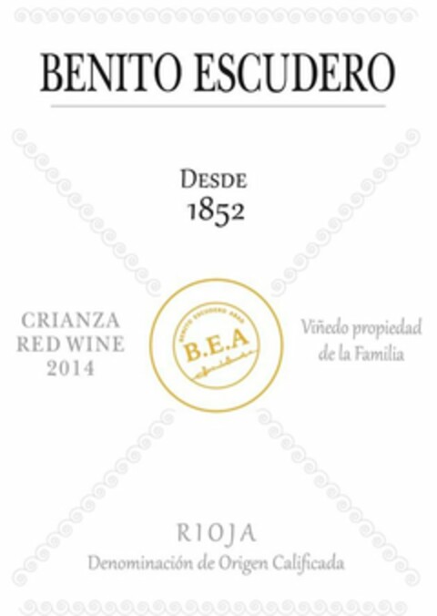 BENITO ESCUDERO DESDE 1852 CRIANZA RED WINE 2014 BENITO ESCUDERO ASAD B.E.A. BENITO ESCUDERO ASAD VIÑEDO PROPIEDAD DE LA FAMILIA RIOJA DENOMINACIÓN DE ORIGEN CALIFICADA Logo (USPTO, 09.11.2017)