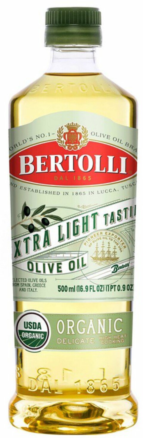 BERTOLLI DAL 1865 WORLD'S NO. 1 OLIVE OIL BRAND BRAND ESTABLISHED IN 1865 IN LUCCA, TUSCANY XTRA LIGHT TASTING OLIVE OIL SELECTED OLIVE OILS FROM SPAIN AND TUNISIA. PIONEER EXPORTER OF OLIVE OIL TO THE USA BERTOLLI USDA ORGANIC ORGANIC DELICATE HIGH HEAT COOKING 500 ML (16.9 FL OZ) (1PT 0.9 OZ) Logo (USPTO, 04/27/2018)