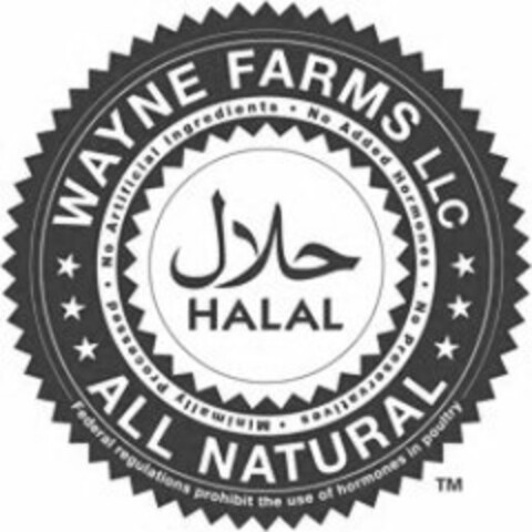 WAYNE FARMS LLC ALL NATURAL NO ARTIFICIAL INGREDIENTS NO ADDED HORMONES NO PRESERVATIVES MINIMALLY PROCESSED FEDERAL REGULATIONS PROHIBIT THE USE OF HORMONES IN POULTRY Logo (USPTO, 28.05.2013)