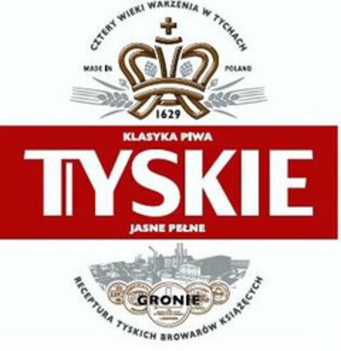 CZTERY WIEKI WARZENIA W TYCHACH MADE INPOLAND 1629 KLASYKA PIWA TYSKIE JASNE PELNE GRONIE RECEPTURA TYSKICH BROWAROW KSIAZECYCH Logo (USPTO, 07/02/2019)