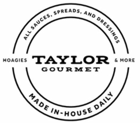 TAYLOR GOURMET ALL SAUCES, SPREADS, ANDDRESSINGS HOAGIES & MORE MADE IN-HOUSE DAILY Logo (USPTO, 01.11.2016)