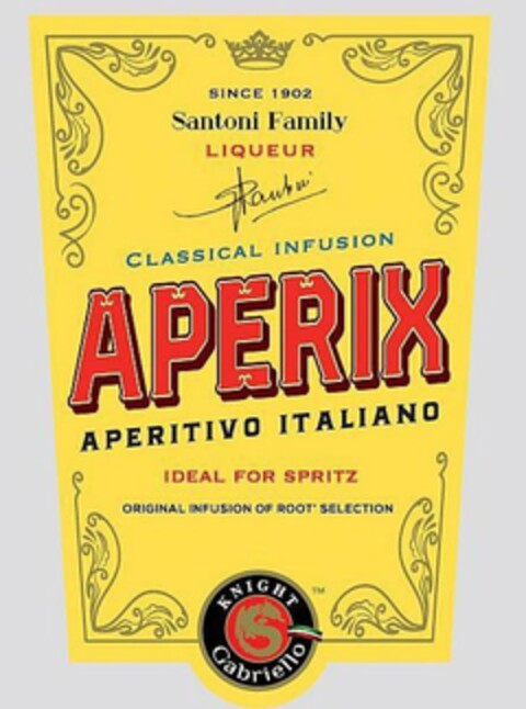 SINCE 1902 SANTONI FAMILY LIQUEUR STEFANO SANTONI CLASSICAL INFUSION APERIX APERITIVO ITALIANO IDEAL FOR SPRITZ ORIGINAL INFUSION OF ROOT SELECTION KNIGHT GABRIELLO Logo (USPTO, 27.07.2018)