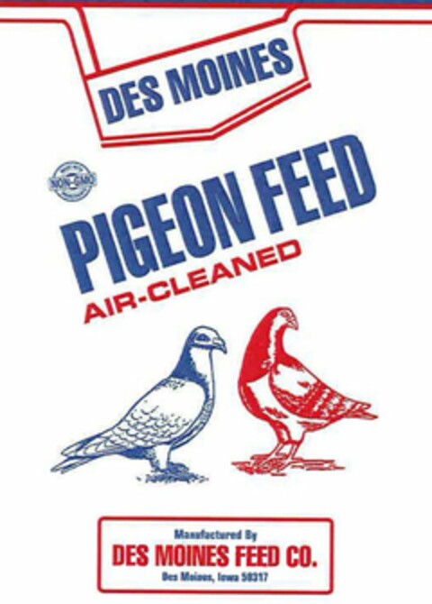 DES MOINES PIGEON FEED AIR-CLEANED MADE WITH NON-GMO INGREDIENTS MANUFACTURED BY DES MOINES FEED CO. DES MOINES, IOWA 50317 Logo (USPTO, 12.12.2018)