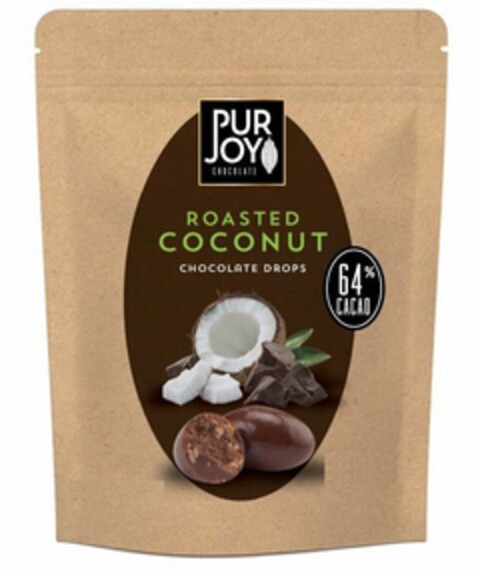 PUR JOY CHOCOLATE ROASTED COCONUT CHOCOLATE DROPS 64% CACAO Logo (USPTO, 20.12.2018)