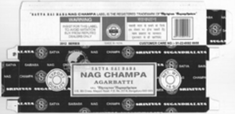 "SATYA SAI BABA NAG CHAMPA LABEL IS THE REGISTERED TRADEMARK OF SHRINIVAS SUGANDHALAYA" S SSS SHRINIVAS SUGANDHALAYA SRINIVAS SUGANDHALAYA SATYA SAIBABA NAG CHAMPA QUALITY ACCEPTED WORLD WIDE SATYA SAI BABA SHRINIVAS SUGANDHALAYA EXPORT QUALITY Logo (USPTO, 23.08.2012)