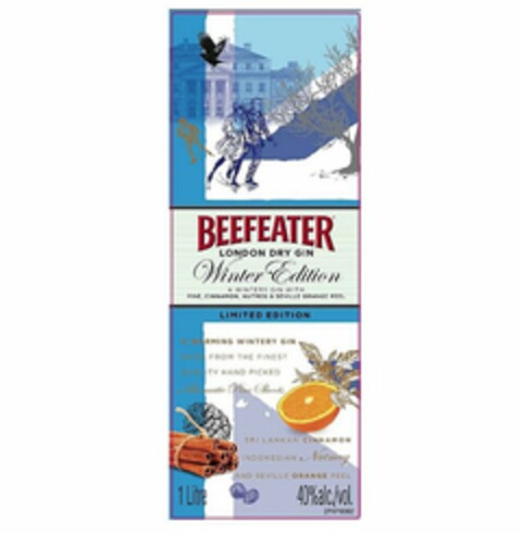 BEEFEATER LONDON DRY GIN WINTER EDITION A WINTERY GIN WITH PINE, CINNAMON, NUTMEG & SEVILLE ORANGE PEEL LIMITED EDITION A WARMING WINTRY GIN MADE FROM THE FINEST QUALITY HAND PICKED AROMATIC PINE SHOOTS SRI LANKAN CINNAMON INDONESIAN NUTMEG AND SEVILLE ORANGE PEEL 1 LITRE 40% ALC./VOL. 2FKF6002 Logo (USPTO, 27.10.2010)