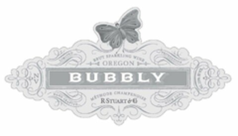 BUBBLY BRUT SPARKLING WINE OREGON LIMITED PRODUCTION HAND CRAFTED WITH LOVE METHOD CHAMPENOISE R. STUART & CO. NV ALC 12.9% BY VOL. Logo (USPTO, 15.07.2013)