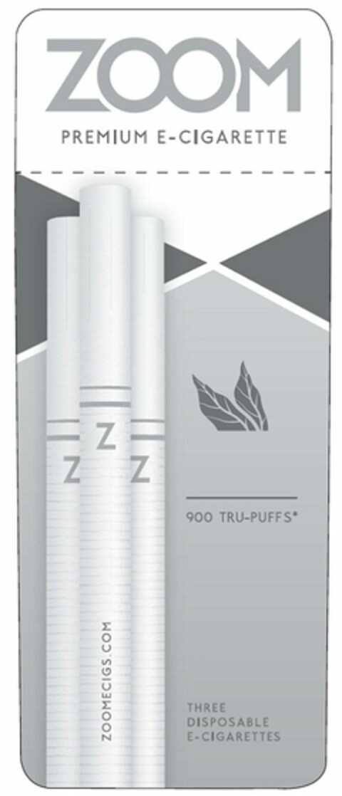 ZOOM PREMIUM E-CIGARETTE 900 TRU-PUFFS THREE DISPOSABLE E-CIGARETTES ZOOMECIGS.COM Logo (USPTO, 01/28/2014)