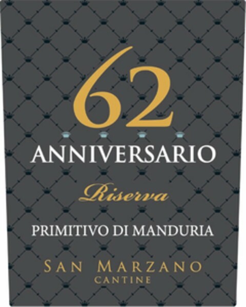62 ANNIVERSARIO RISERVA PRIMITIVO DI MANDURIA SAN MARZANO CANTINE Logo (USPTO, 07.01.2015)