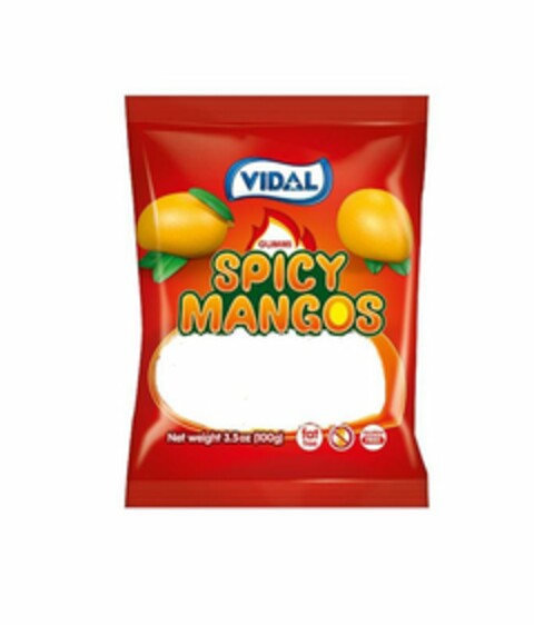 VIDAL GUMMI SPICY MANGOS NET WEIGHT 3.5OZ (100G) FAT FREE NUT FREE GLUTEN FREE Logo (USPTO, 02.06.2018)