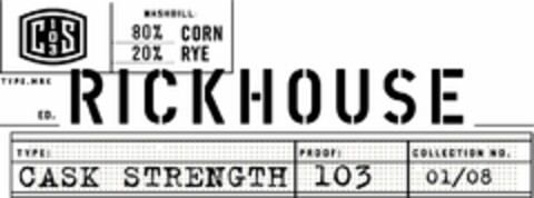 C 103 S MASHBILL: 80% CORN 20% RYE TYPE.MARK ED RICKHOUSE TYPE: PROOF: COLLECTION NO. CASK STRENGTH 103 01/08 Logo (USPTO, 09/01/2020)