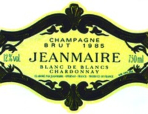 JEANMAIRE CHAMPAGNE BRUT 1985 BLANC DE BLANCS CHARDONNAY Logo (WIPO, 09.07.1999)