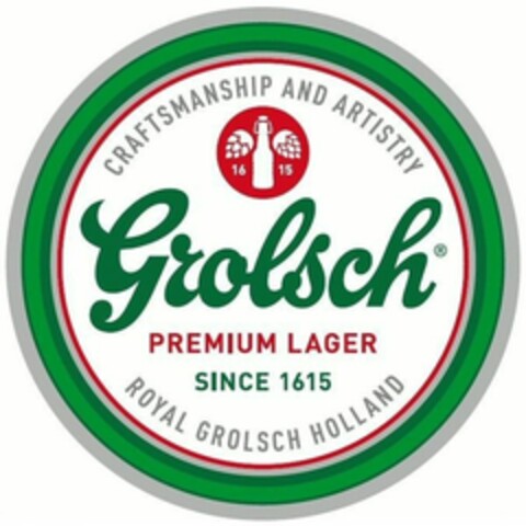 Grolsch CRAFTMANSHIP AND ARTISTRY PREMIUM LAGER SINCE 1615 ROYAL GROLSCH HOLLAND Logo (WIPO, 18.07.2017)