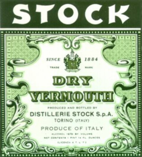 STOCK SINCE 1884 DRY VERMOUTH Logo (WIPO, 05/08/1958)