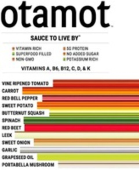 OTAMOT SAUCE TO LIVE BY VITAMIN RICH SUPERFOOD FILLED NON-GMO 5G PROTEIN NO ADDED SUGAR POTASSIUM RICH VITAMINS A, B6, B12, C, D, & K, VINE RIPENED TOMATO CARROT Logo (WIPO, 02.01.2020)