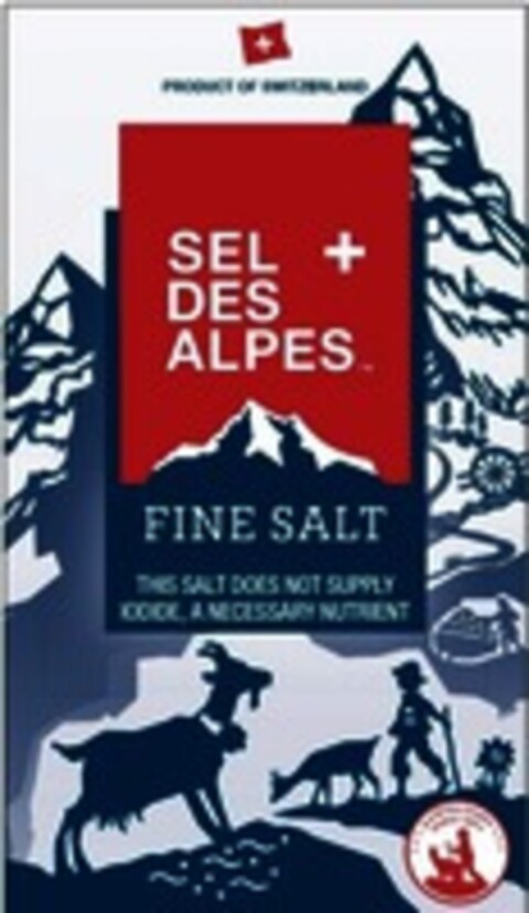 PRODUCT OF SWITZERLAND SEL DES ALPES FINE SALT THIS SALT DOES NOT SUPPLY IODIDE, A NECESSARY NUTRIENT A SWISS STORY SINCE 1854 Logo (WIPO, 20.11.2018)