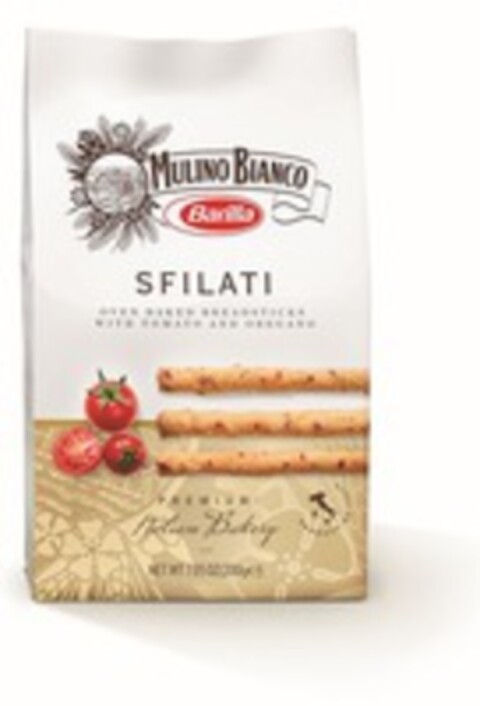 MULINO BIANCO Barilla SFILATI OVEN BAKED BREADSTICKS WITH TOMATO AND OREGANO PREMIUM Italian Bakery PRODUCT OF ITALY Logo (WIPO, 01/16/2017)