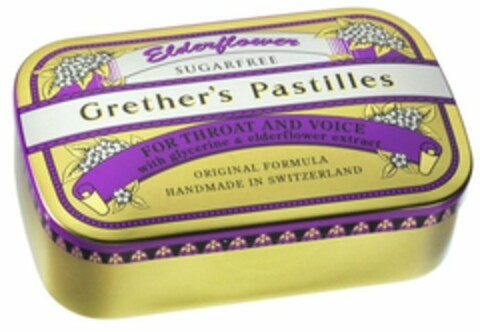 Elderflower SUGARFREE Grether's Pastilles FOR THROAT AND VOICE with glycerine & elderflower extract Logo (WIPO, 06.06.2008)