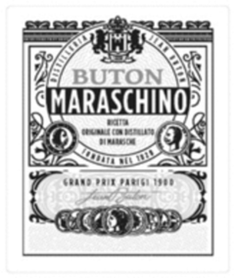BUTON MARASCHINO RICETTA ORIGINALE CON DISTILLATO DI MARASCHE FONDATA NEI 1820 GRAND PRIX PARIGI 1900 Jean Buton Logo (WIPO, 06.12.2022)