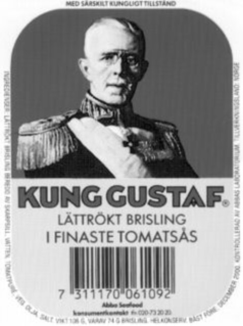 KUNG GUSTAF LÄTTRÖKT BRISLING I FINASTE TOMATSÅS Logo (WIPO, 09.04.1999)