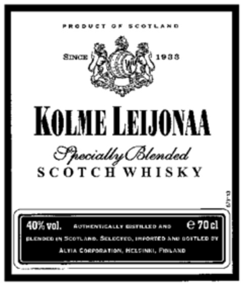 KOLME LEIJONAA Specially Blended SCOTCH WHISKY Logo (WIPO, 09/30/2003)