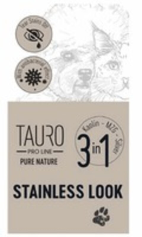 STAINLESS LOOK TAURO PRO LINE PURE NATURE Tear Stains Off With antibacterial effect Kaolin MZG Silver Logo (WIPO, 07/05/2023)