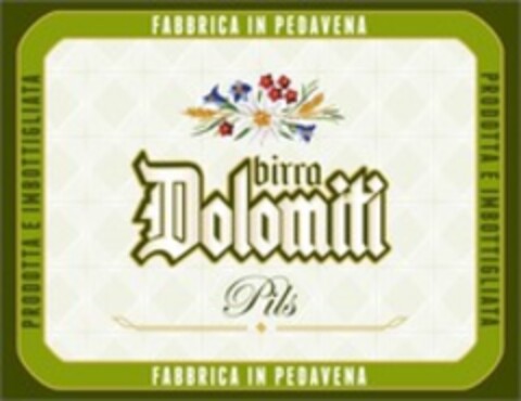 PRODOTTA E IMBOTTIGLIATA FABBRICA IN PEDAVENA birra Dolomiti Pils Logo (WIPO, 09.04.2020)