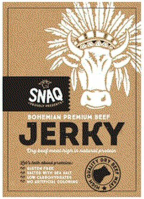 SNAQ PROUDLY PRESENTS BOHEMIAN PREMIUM BEEF JERKY HIGH QUALITY DRY BEEF MEAT Logo (WIPO, 02/29/2016)