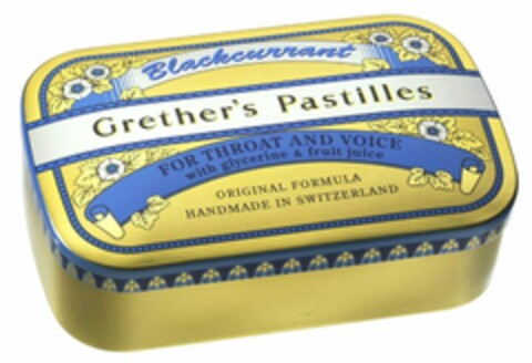 Blackcurrant Grether's Pastilles FOR THROAT AND VOICE with glycerine & fruit juice Logo (WIPO, 06.06.2008)