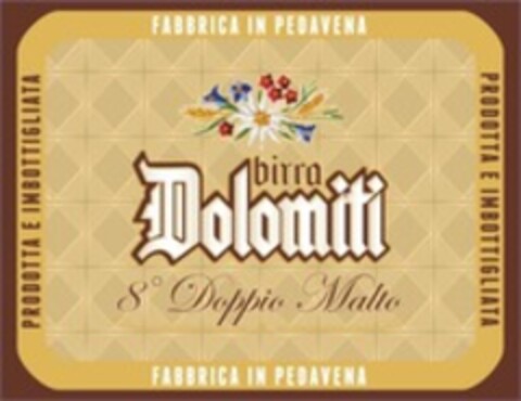 PRODOTTA E IMBOTTIGLIATA FABBRICA IN PEDAVENA birra Dolomiti 8° Doppio Malto Logo (WIPO, 09.04.2020)