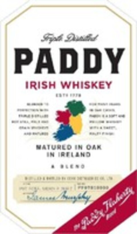 Triple Distilled PADDY IRISH WHISKEY matured in oak in Ireland the Paddy Flaherty brand Logo (WIPO, 10/15/2013)